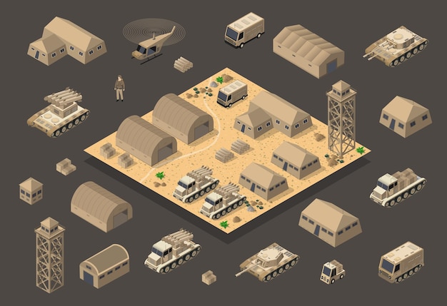 Vector set of army armed troop isometric armed military transport objects