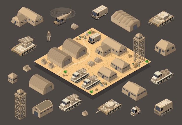 Set of army armed troop isometric armed military transport objects