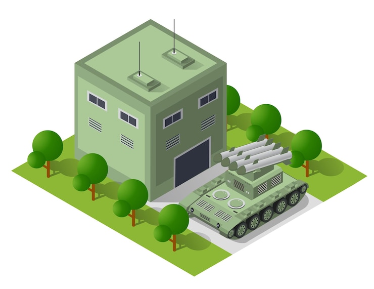 Вектор комплект армейских вооруженных сил изометрических вооруженных военно-транспортных объектов