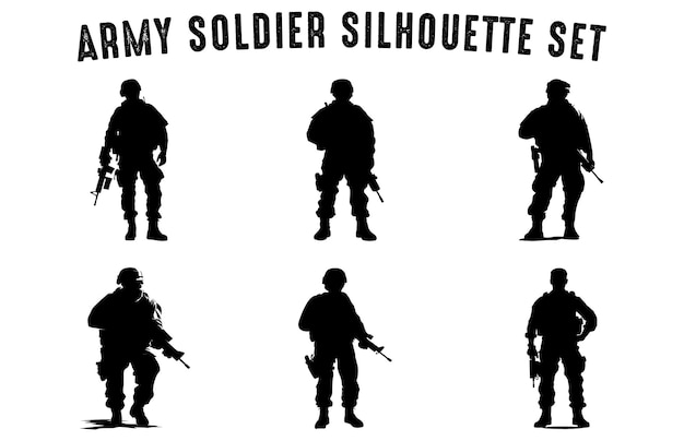 Set of army soldier silhouettes vector Silhouette of the military with weapons