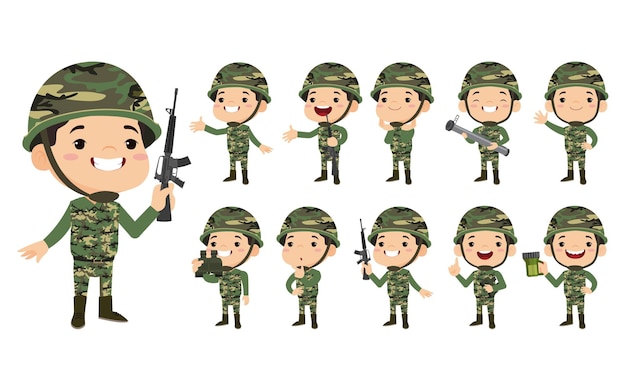 Set of army soldiers man in uniform with difference action