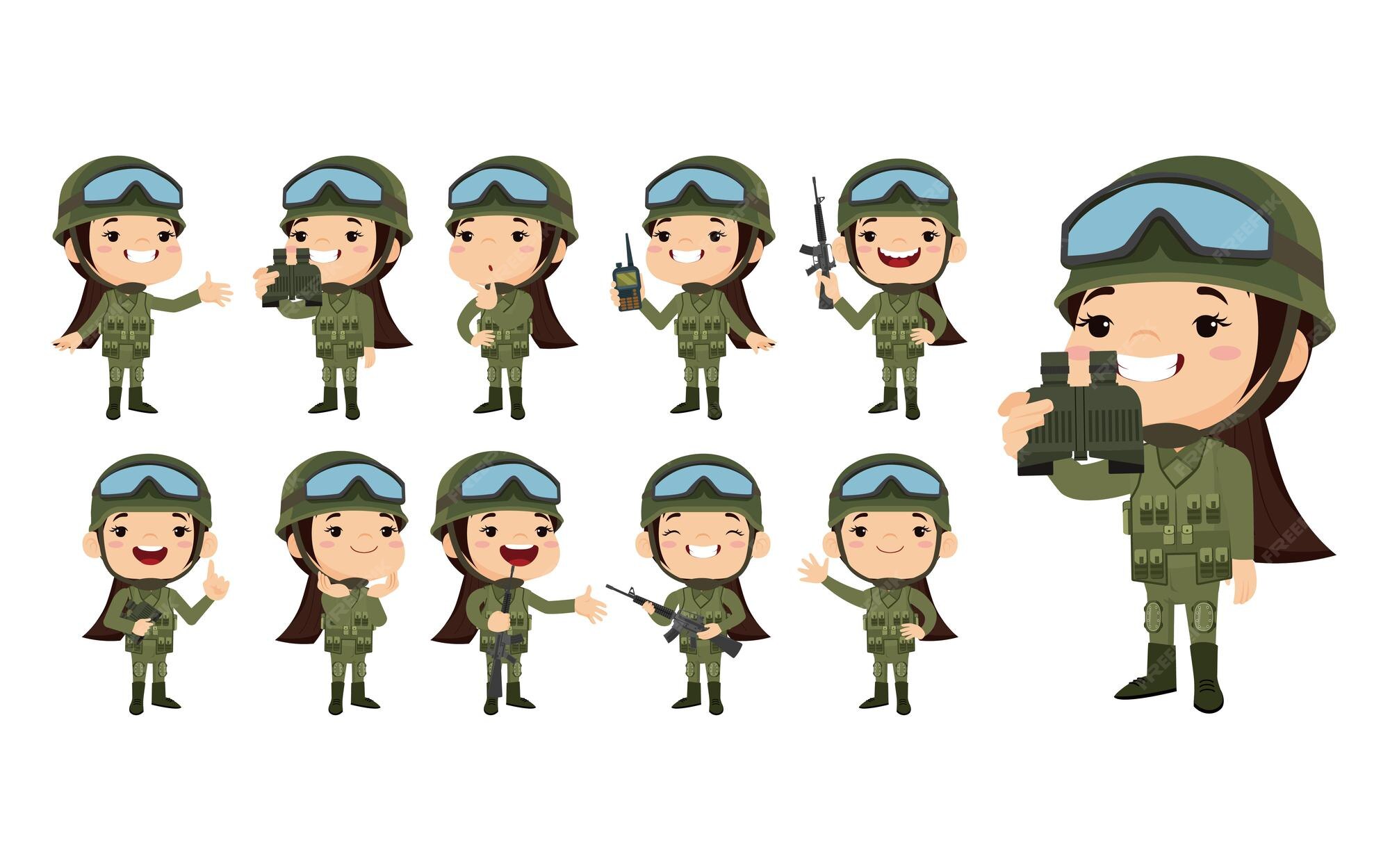 Premium Vector | Set Of Army Soldiers In Uniform With Difference Action