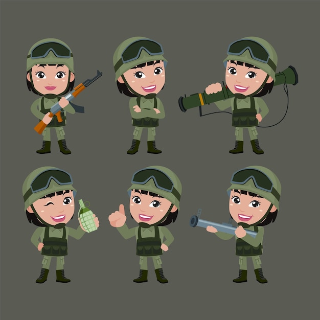 Set of army soldiers woman in uniform with difference action