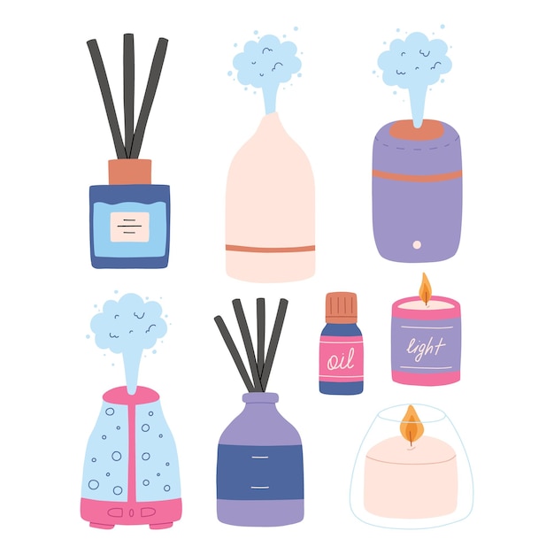 Set aroma diffusers in platte stijl Collectie met de hand getekende diffusers geïsoleerd op een witte achtergrond