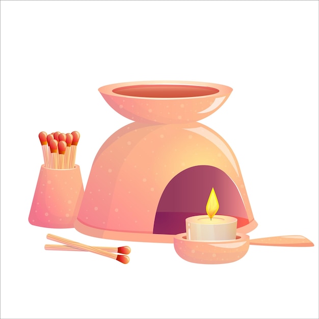 Set of aroma lamp with matches and a candle for relaxation and meditation isolated on a white background Cartoon vector illustration