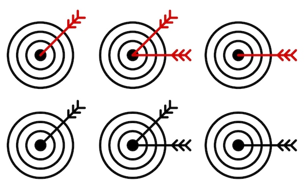 Set of arrow icons hit the middle of the target Accurate shot Achieving a goal in business Isolated vector on white background