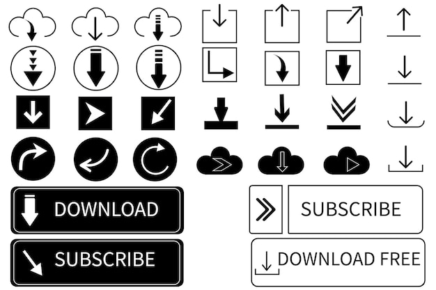 Set di frecce e icone nere frecce semplici moderne pulsante di sottoscrizione icona di download del software