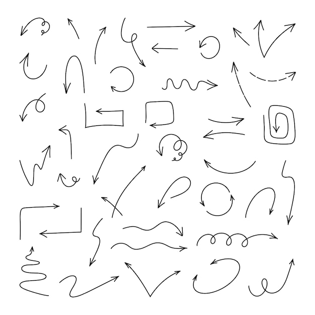 白い背景に隔離された漫画のスタイルのマーカードードルで描かれた矢のセット