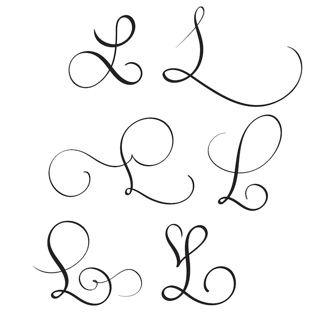 Set of art calligraphy letter L with flourish of vintage decorative whorls Vector illustration EPS10