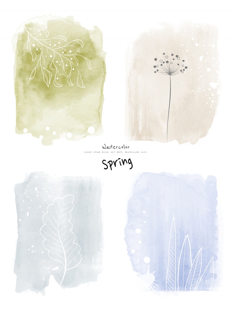 Vector set art lente aquarel en doodle handgeschilderde achtergrond
