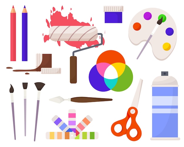 Set of art making tools including brushes pallets palettes easel and canvas flat design illustration