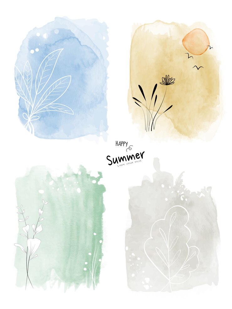 Vector set art zomer aquarel en doodle handgeschilderde achtergrond