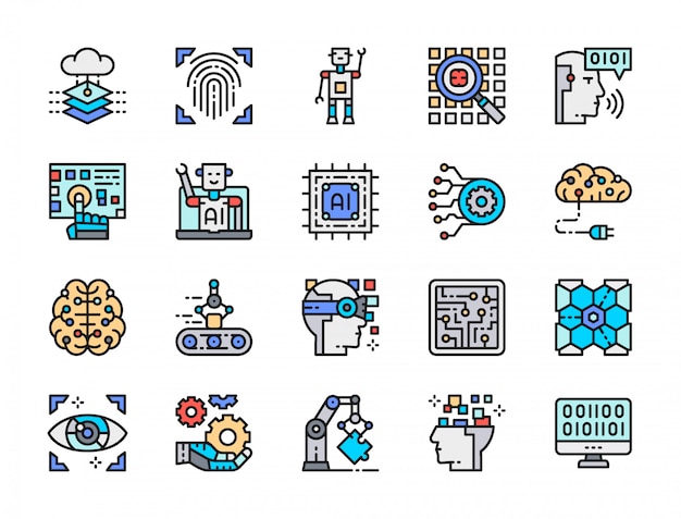 Set of artificial intelligence color line icons. engineering, conveyor, big data