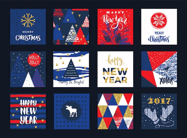 Vector set of artistic creative merry christmas and new year cards.