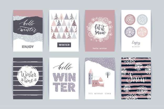 set of artistic creative winter cards.