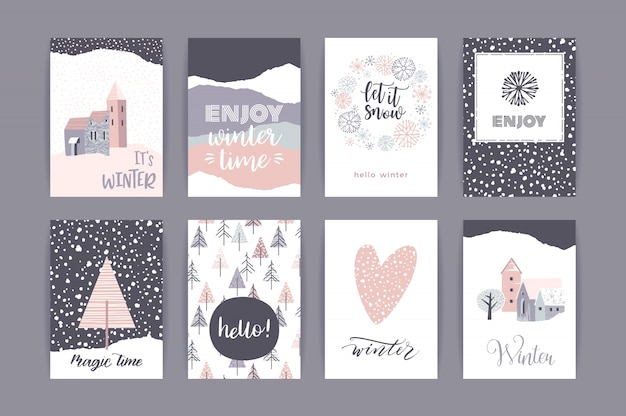 set of artistic creative winter cards.
