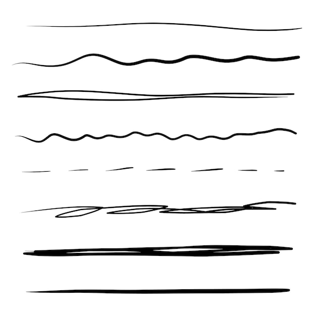 Набор художественных кистей для ручек Ручно нарисованные гранжевые штрихи Линии Doodle различные разделители для веб-сайтов Векторная иллюстрация