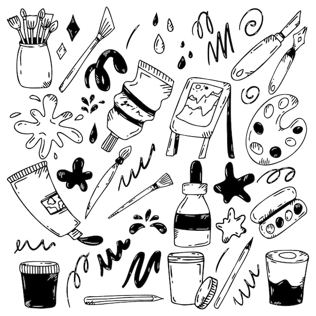 A set of artistic tools in the style of doodle.