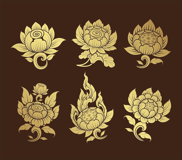 Vector set asian art element and background pattern decoration motifs for ceiling pattern premium vector