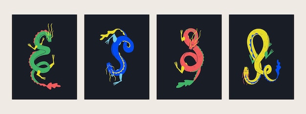 Vector set of asian and chinese mythological characters dragons multicolored decorative illustrations on a black background