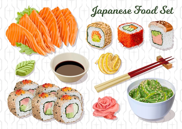Vector set of asian food isolated vector illustrations