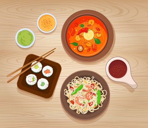 Set di cibo asiatico. tagliatelle con gamberi e verdure, zuppa piccante, sushi e salse varie. illustrazione vettoriale