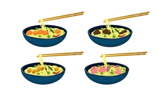 Set of Asian food wok noodles with salmon fish chicken beef shrimps in a bowl front view
