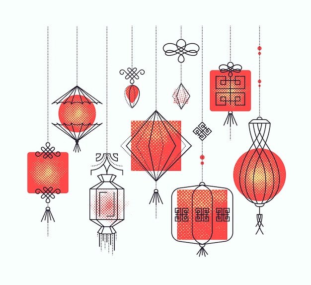 Vector set of asian street and holiday lanterns, chinese culture decorations. monoline and halftone objects