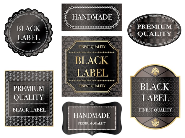 Vector set of assorted black labels with text space on a white background