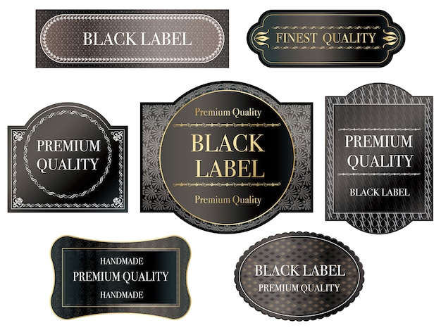 Set of assorted black labels with text space on a white background