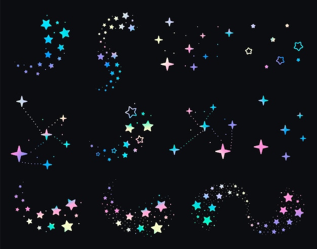 Set di stelle scintillanti assortite e costellazioni multicolori su sfondo nero