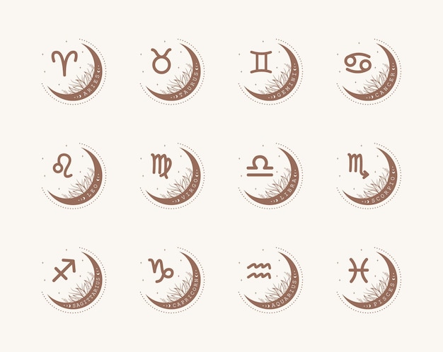 Set di segni zodiacali astrologici icone dell'oroscopo in stile boho minimalista illustrazione vettoriale mistica carta del tarocco spirituale logo vintage magici disegnati a mano