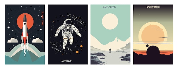 Set astronaut ruimtestation en ruimteschip vector illustratie posters in minimalistische stijl voor een wenskaart