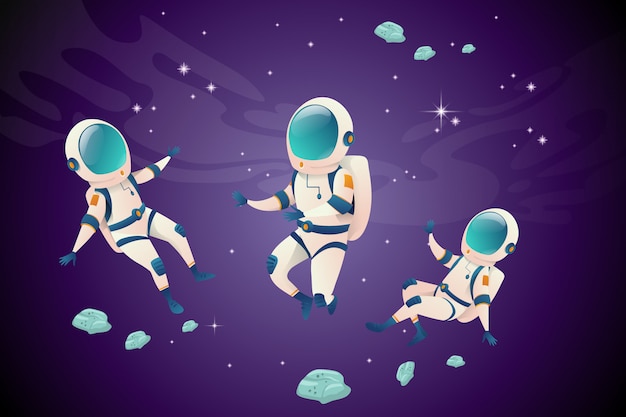 Vector set of astronauvts in different positions in open space