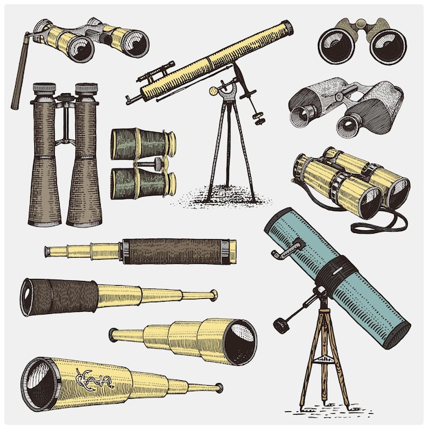 Vector set of astronomical instruments telescopes oculars and binoculars quadrant sextant engraved in vintage hand drawn or wood cut style old sketch glasses