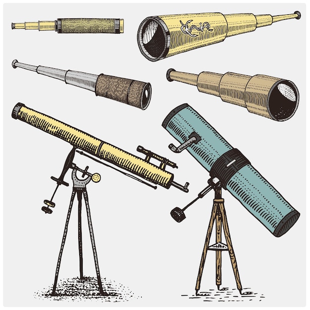 Set di strumenti astronomici, telescopi, oculari e binocoli, quadrante sestante inciso in vintage disegnati a mano o in legno tagliato a vecchi occhiali da schizzo