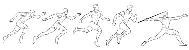 Set di atleti corridori e lanciatori di giavellotto disegnati in contorni neri su sfondo bianco
