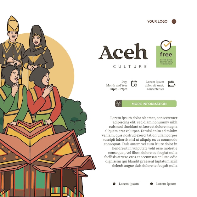 Set Atjeh cultuur Illustratie Hand getrokken Indonesische culturen achtergrond