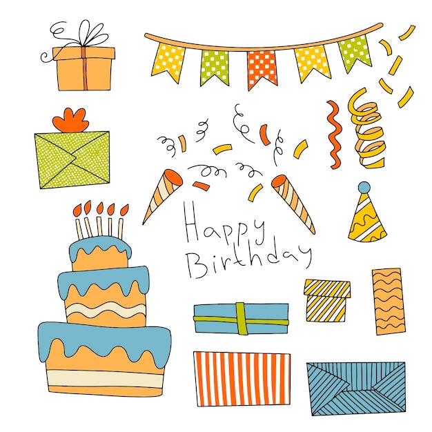 set of attributes for kids party with decor food and lettering phrases editable vector illustration