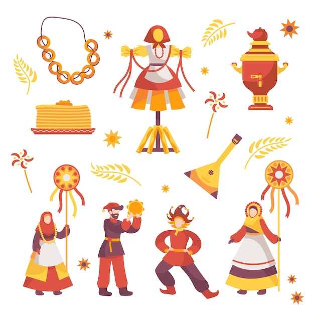 Vector set of attributes for maslenitsa holiday