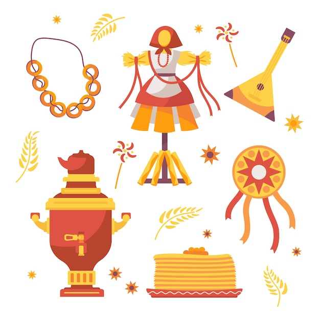 Vector set of attributes for maslenitsa holiday