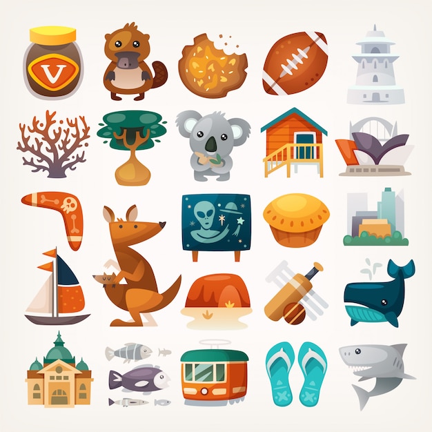 Set of Australian travel icons. Symbols of the continent. Various sights and famous elements from all parts of the island.