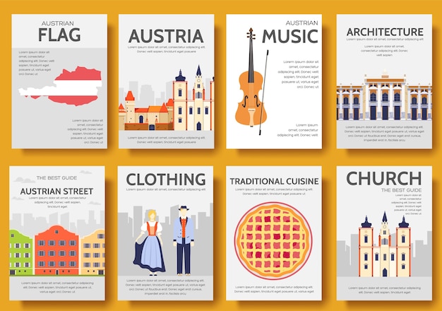 Set of Austria country ornament travel trip. Art traditional, poster, abstract, ottoman motifs.