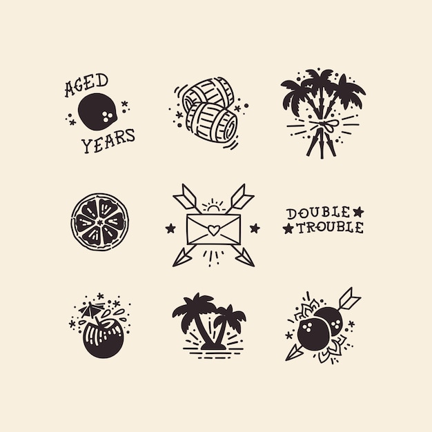 Set of authentic handdrawn caribbean tattoo icons illustrated in oldschool style Tropical fruits