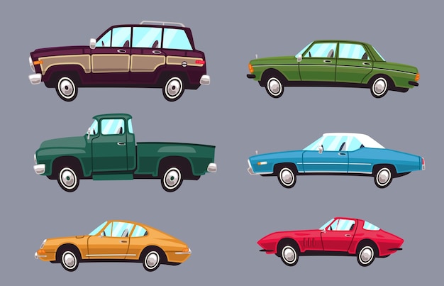 Set auto's in cartoonstijl 6 auto's in verschillende carrosserieën voor animatie Geïsoleerd op grijze achtergrond