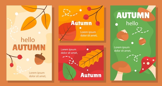 Set of autumn banners fall season covers and posters orange leaves and mushrooms nuts season of year