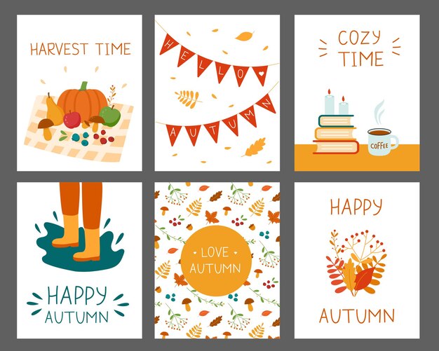 set autumn cards with leaves and harvest.