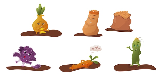 Set of autumn cartoon vegetables. Emotions vector illustration.