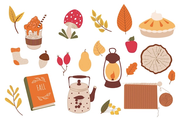 set autumn cozy elements stickers with foliage forest decorations acorn mushroom right rose hip
