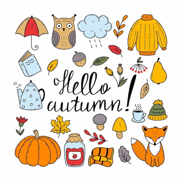 Set of autumn elements Lettering hello autumnVector doodle illustration Contour drawing Fall